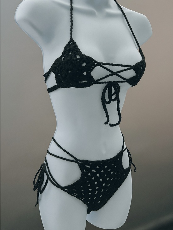 Other - Handmade Black Crochet Tie-Side Bikini Top & Bottom - Women Swim